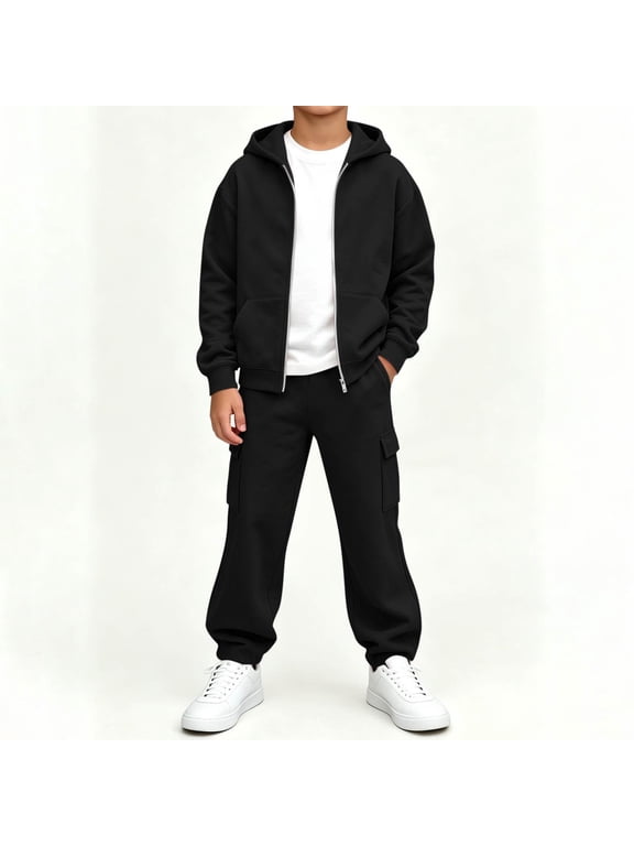 Boys Sweatsuits 2 Piece Fashion Clothes Casual Fall Winter Long Sleeve Zip Up Hoodie and Cargo Sweatpants Kids Outfits Set Black 10 Years