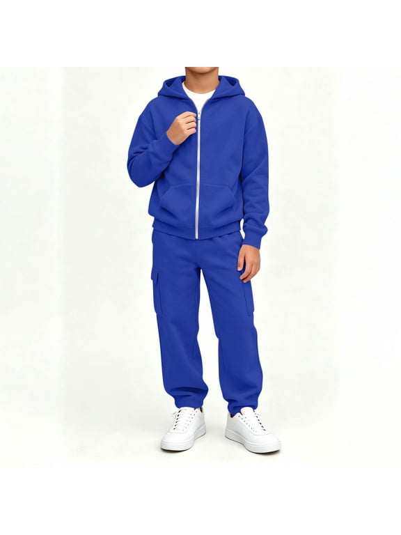 Boys Sweatsuits 2 Piece Fashion Clothes Casual Fall Winter Long Sleeve Zip Up Hoodie and Cargo Sweatpants Kids Outfits Set Blue 10 Years
