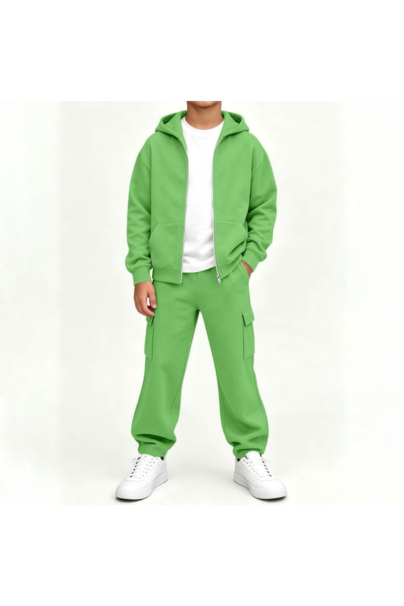 Boys Sweatsuits 2 Piece Fashion Clothes Casual Fall Winter Long Sleeve Zip Up Hoodie and Cargo Sweatpants Kids Outfits Set Green 10 Years