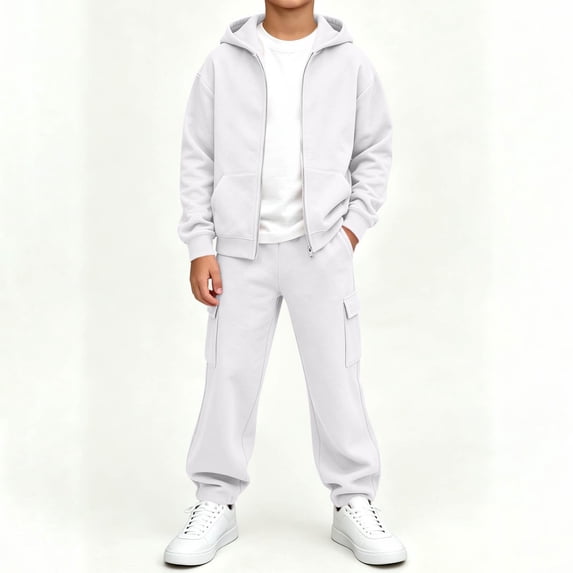 Boys Sweatsuits 2 Piece Fashion Clothes Casual Fall Winter Long Sleeve Zip Up Hoodie and Cargo Sweatpants Kids Outfits Set White 10 Years