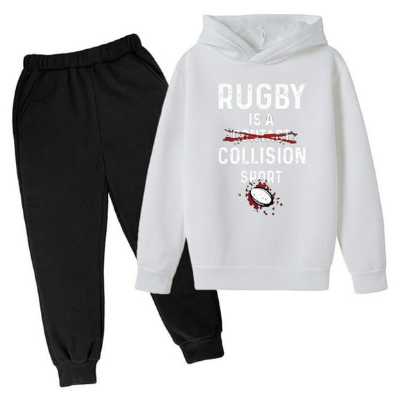 Boys Sweatsuits Size 14-16 Rugby Print Hooded Sweatshirt and Jogger Sweatpants 2pcs Sets Regular Fit Winter Outfits for Kids,White,13-14 Years
