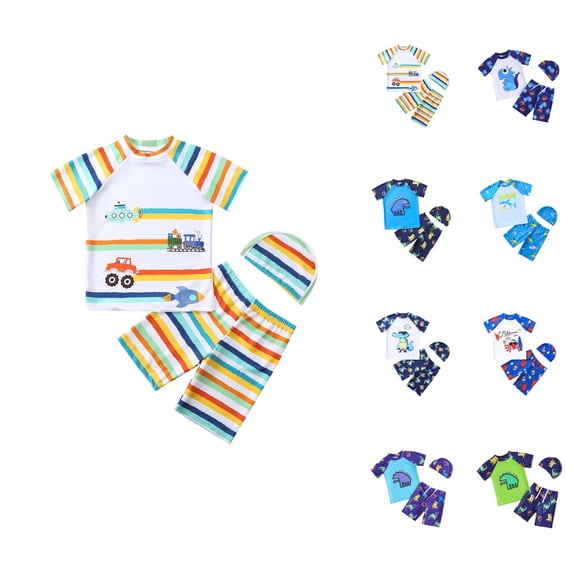 Boys Swim Set Cartoon Rash Guard Swim Shirt Stripe Swim Trunks and Swim Cap Breathable Kids Swimsuits Summer Beachwear