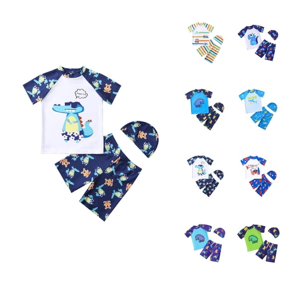 Boys Swim Set Cartoon Rash Guard Swim Shirt Stripe Swim Trunks and Swim Cap Breathable Kids Swimsuits Summer Beachwear