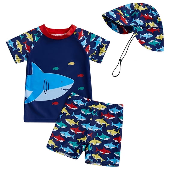 Boys Swim Set Two Piece with Hat Short Sleeve Rash Guard Swim Shirt and Trunks Shark Print Including Swim Cap for Kids Beach Pool Navy 3 Years-4 Years