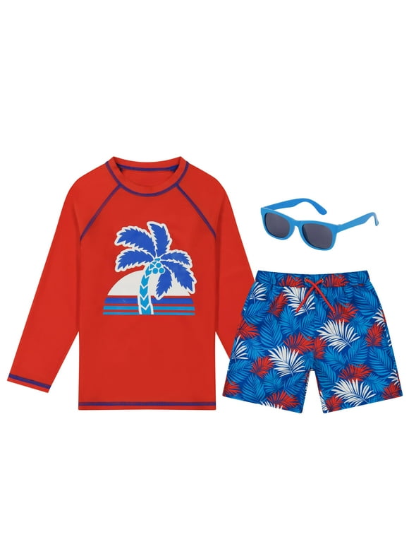 Boys Swim Set with Long Sleeve Rash Guard, Swim Shorts, Sunglasses (Red & Blue Palm Tree, Size 3T)