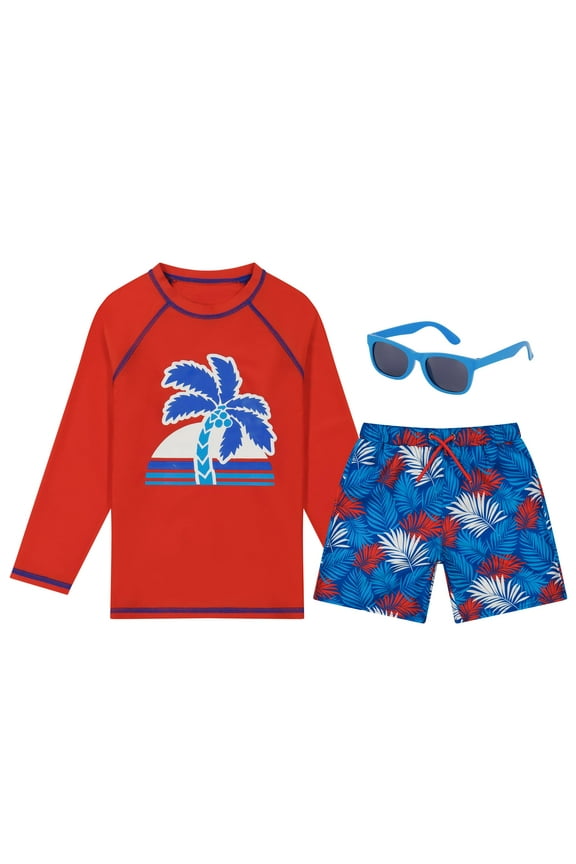 Boys Swim Set with Long Sleeve Rash Guard, Swim Shorts, Sunglasses (Red & Blue Palm Tree, Size 3T)