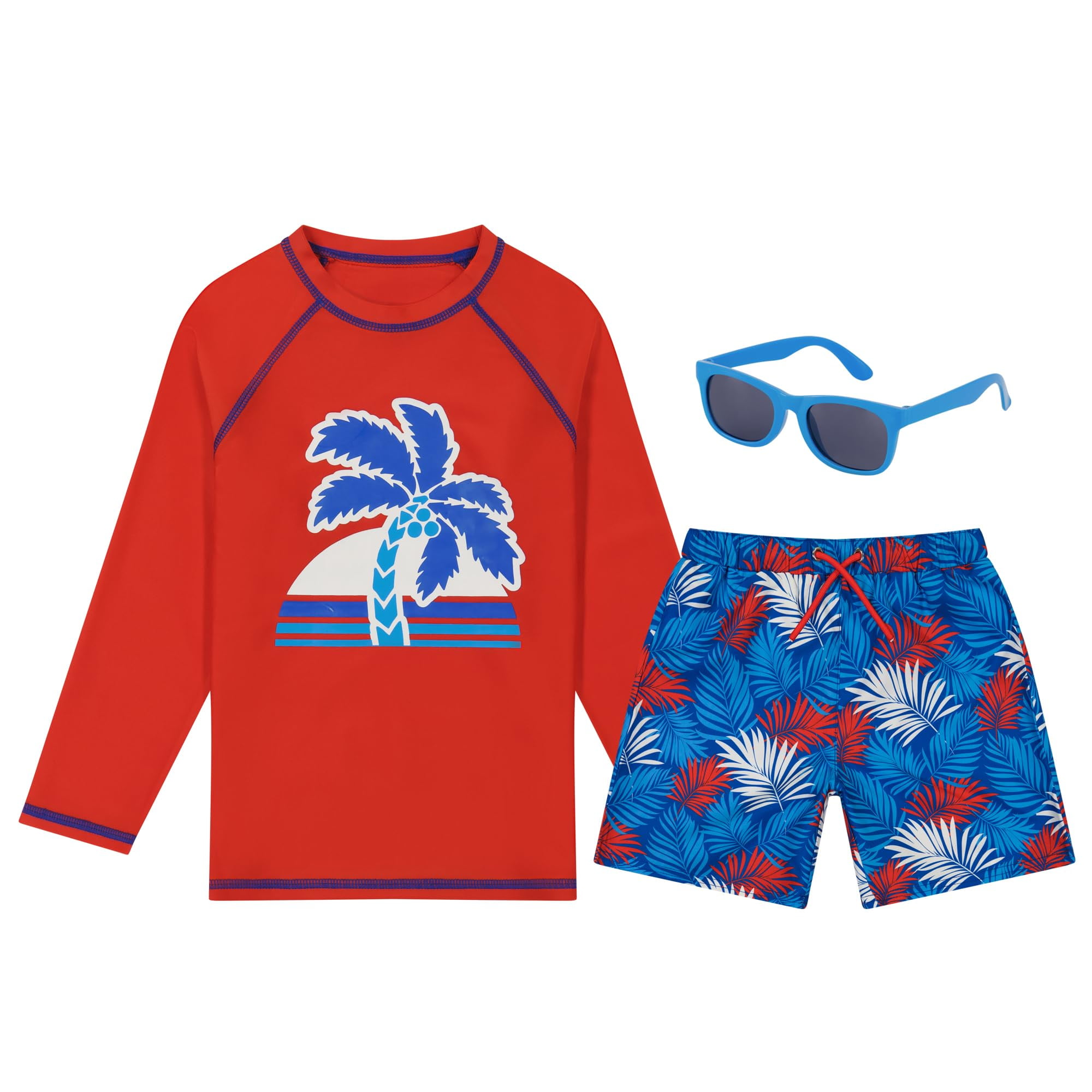 Boys Swimwear Set Bathing Suit with Long Sleeve Rash Guard Swim Trunks Sunglasses Red Blue Palm Tree Size 4T Walmart