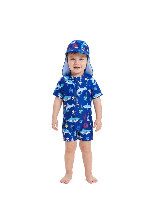 Baby Bathing Suit UPF 50+ Sun Protection One Piece Zipper with Sun Hat Infant Beach Swimwear Boys Bathing Suit