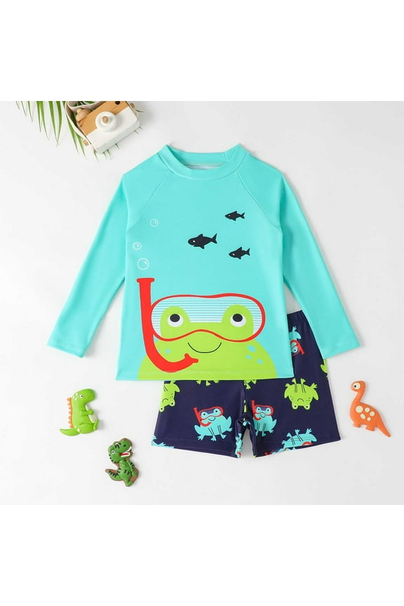 Boys Swim Shirt Toddler Baby Boys Cartoon Print Long Sleeve Quick Dry Sun Protection Beach Casual Swimsuit Baby Swimsuit Blue 3 Years-4 Years