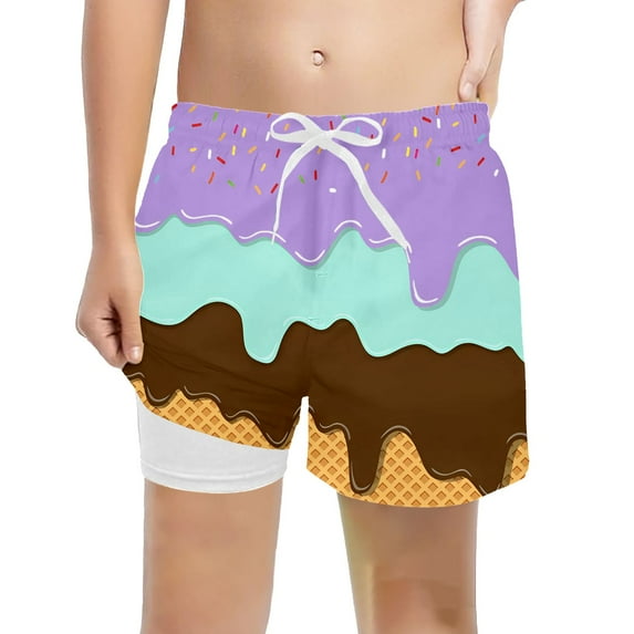 Boys Swim Shorts Ice Cream Boy Swim Trunks with Compression Liner Quick Dry Bathing Suit Swimsuit,Stretchy UPF Toddler Beach Board Shorts 2-16Years