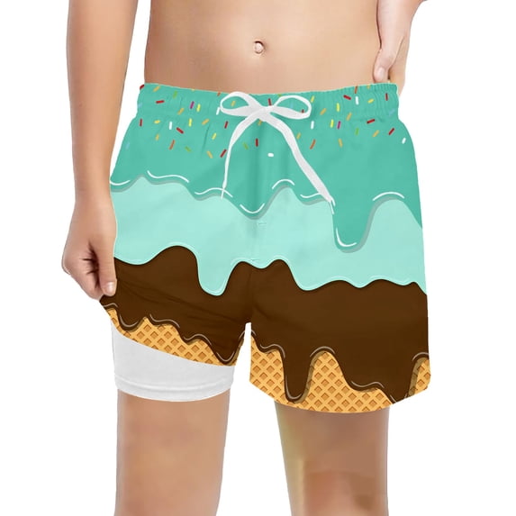 Boys Swim Shorts Ice Cream Boys Swim Trunks with Compression Liner Baby Kids Swimwear Summer Toddler Light UPF Beach Board Shorts 2T-XL