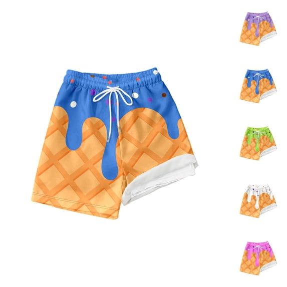 Boys Swim Shorts with Compression Liner Ice Cream Print Swim Trunks Elastic Waist Lightweight Boys Swimsuit Beachwear