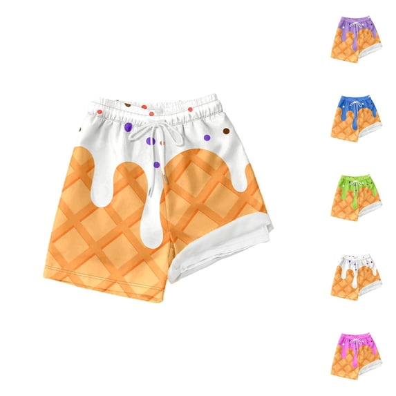 Boys Swim Shorts with Compression Liner Ice Cream Print Swim Trunks Elastic Waist Lightweight Boys Swimsuit Beachwear