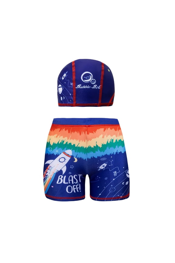 Boys Swim Trunks & Cap Set, Space Astronaut Rocket Print, Green, Quick Dry UPF Swimwear,Size 11-12 T