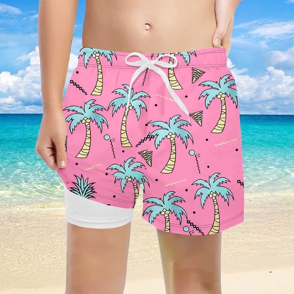 Boys Swim Trunks Elastic Waist Comfortable Beach Shorts with Cute Cartoon Swimming Surfing Relaxed Straight Swimwear Swimming Suit Pink Size 14-16 Years