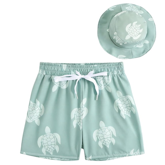 Boys Swim Trunks with Hat Two Piece Swimsuit Boys Swimsuit 6t Rashguard Kids Tropical Beach Swim Shorts Drawstring Bathing Suit(Size 9-12 Months, Blue-5)