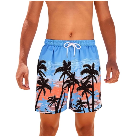 Boys Swim Trunks Quick Dry Board Shorts with Adjustable Drawstring, Blue Palm Tree Tropical Print for Beach Pool Vacation,Size 9-10T