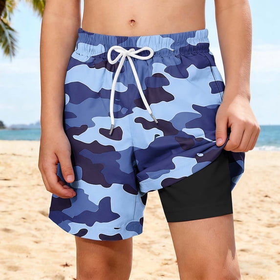 Boys' Swim Trunks Quick Dry Board Shorts with Built-in Compression Liner Drawstring Bathing Suit for Beach Pool Surfing Vacation