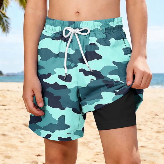 Boys' Swim Trunks Quick Dry Board Shorts with Built-in Compression Liner Drawstring Bathing Suit for Beach Pool Surfing Vacation