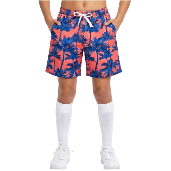 Boys Swim Trunks Quick Dry Stretch with Adjustable Waist, Purple Palm Print Bathing Suits Shorts for Kids Ages 6-15,Size 7-8T