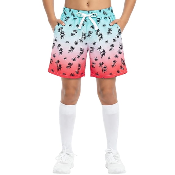 Boys Swim Trunks Quick Dry with Drawstring Blue Palm Tree Print Elastic Waist Shorts for Swimming Beach Sizes 6-14,Size 13-14T