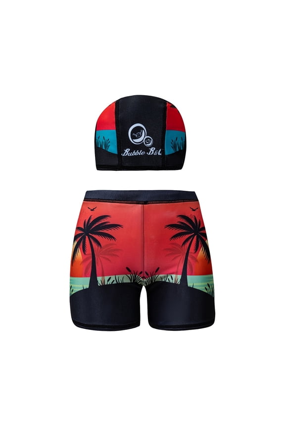 Boys Swim Trunks Set with Cap, Tropical Sunset Print Swimwear for Kids 3-12, Quick Dry Chlorine Resistant,Size 5-6 T