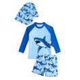 thumbnail image 1 of Boys Swim Trunks Summer Long Sleeve Cartoon Shark Print Tops Short Pants Hat Set Toddler Swimsuit Blue 6 Years-7 Years, 1 of 5