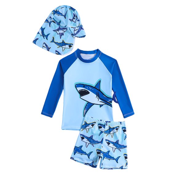 Boys Swim Trunks Summer Long Sleeve Cartoon Shark Print Tops Short Pants Hat Set Toddler Swimsuit Blue 6 Years-7 Years