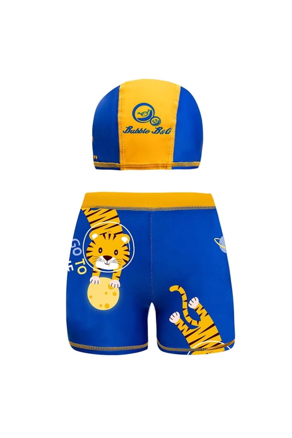 Boys Swim Trunks and Cap Set, Navy Blue Space Tiger Print, UPF 50+ Quick Dry Chlorine Resistant for Boys 3-12 Years,Size 7-8 T