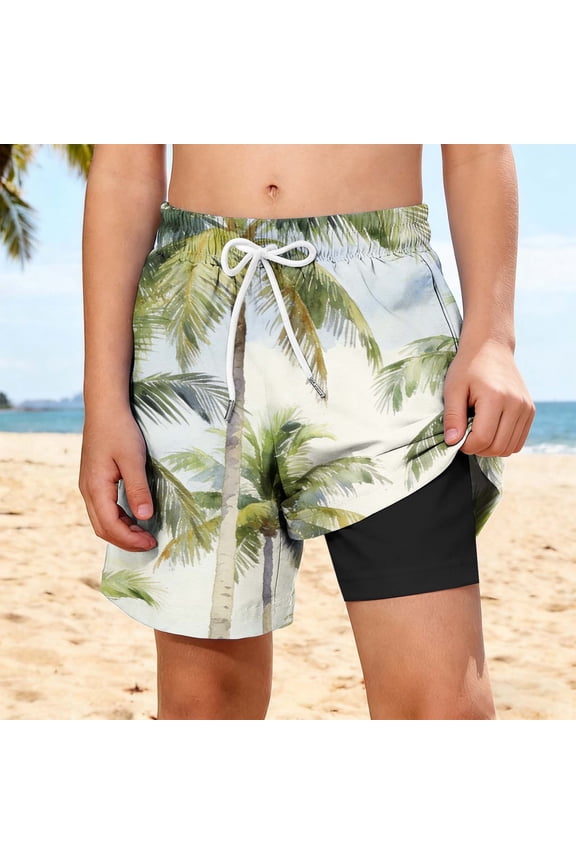 Boys Swim Trunks with Built in Liner Quick Dry Beach Shorts Palm Tree Print Adjustable Youth Board Shorts,Size 11 T