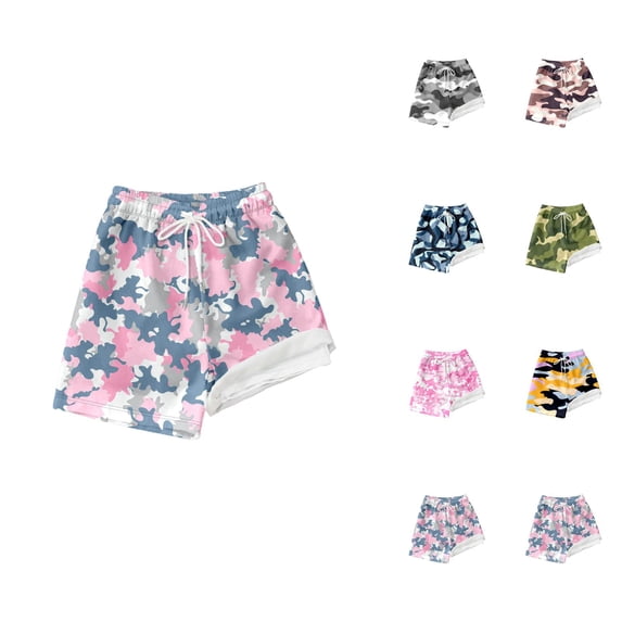 Boys Swim Trunks with Compression Liner Camo Print Quick Dry Swim Shorts Drawstring Elastic Waist Beach Surf Vacation Swimwear