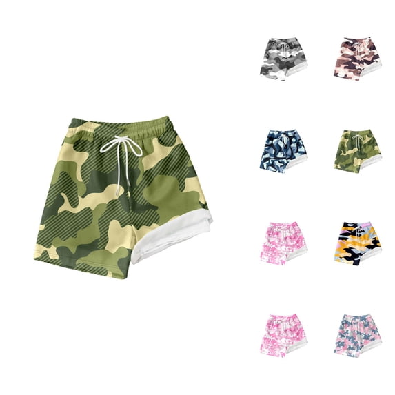 Boys Swim Trunks with Compression Liner Camo Print Quick Dry Swim Shorts Drawstring Elastic Waist Beach Surf Vacation Swimwear