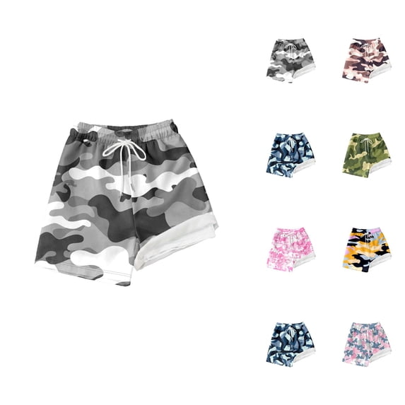 Boys Swim Trunks with Compression Liner Camo Print Quick Dry Swim Shorts Drawstring Elastic Waist Beach Surf Vacation Swimwear
