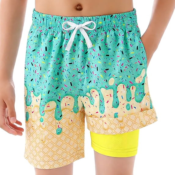 Boys Swim Trunks with Compression Liner Funny Ice Cream Swim Shorts Quick Dry 2 in 1 Beach Board Shorts with Pockets