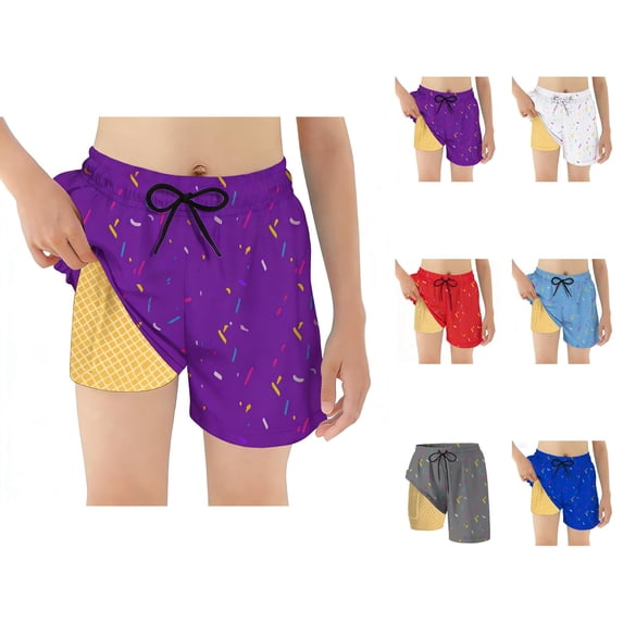 Boys Swim Trunks with Compression Liner Ice Cream Shorts Drawstring Quick Dry Swim Shorts for Boys Summer Beachwear
