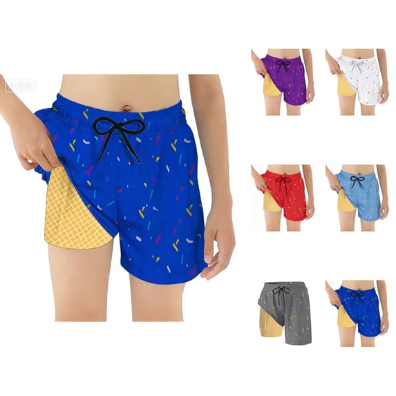 Boys Swim Trunks with Compression Liner Ice Cream Shorts Drawstring Quick Dry Swim Shorts for Boys Summer Beachwear