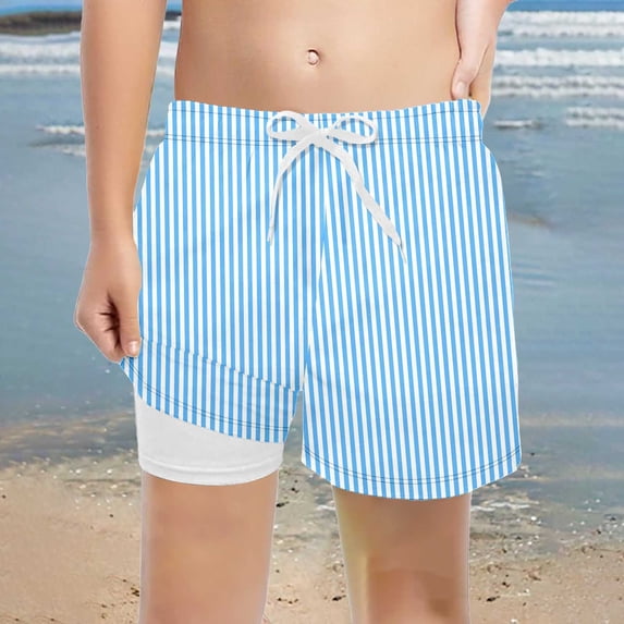 Boys Swim Trunks with Compression Liner Quick Drying Stretch Beach Shorts with Print Summer Swimming Clothing Light Blue Size 13-14 Years