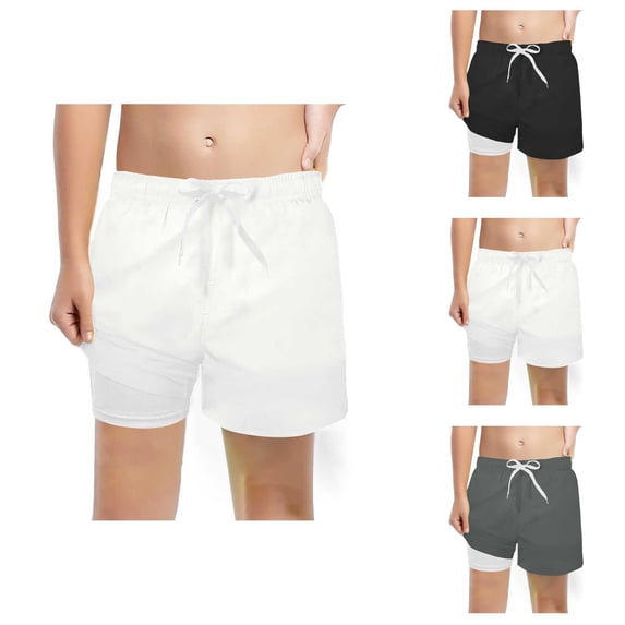 Boys Swim Trunks with Compression Liner Solid Color Beach Shorts Drawstring Elastic Waist Quick Dry Boys Swimwear