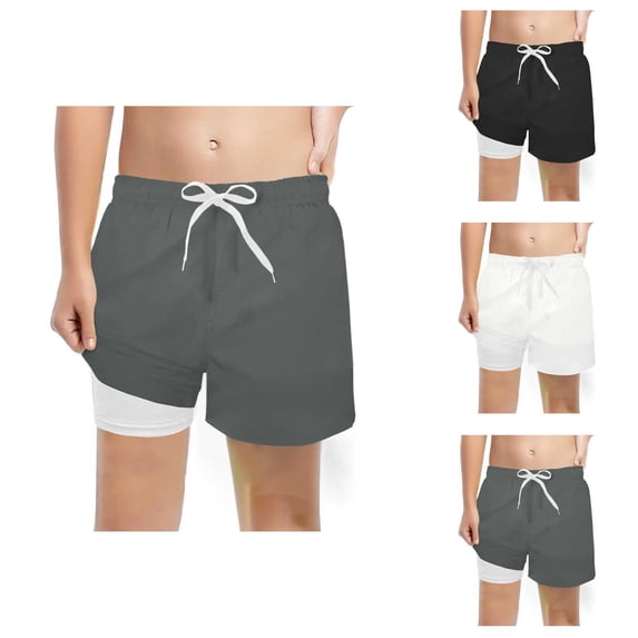 Boys Swim Trunks with Compression Liner Solid Color Beach Shorts Drawstring Elastic Waist Quick Dry Boys Swimwear