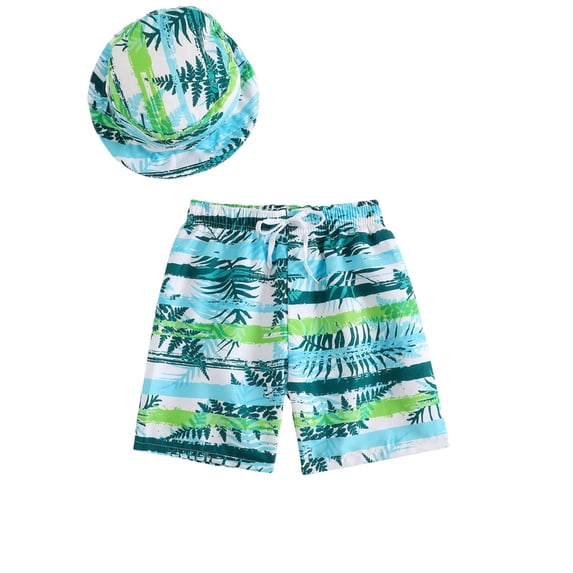 Boys Swim Trunks with Hat Two Piece Swimsuit Neon Swim Trunks Boys 5t Kids Tropical Beach Swim Shorts Drawstring Bathing Suit(Size 4-5 Years, Blue-1)