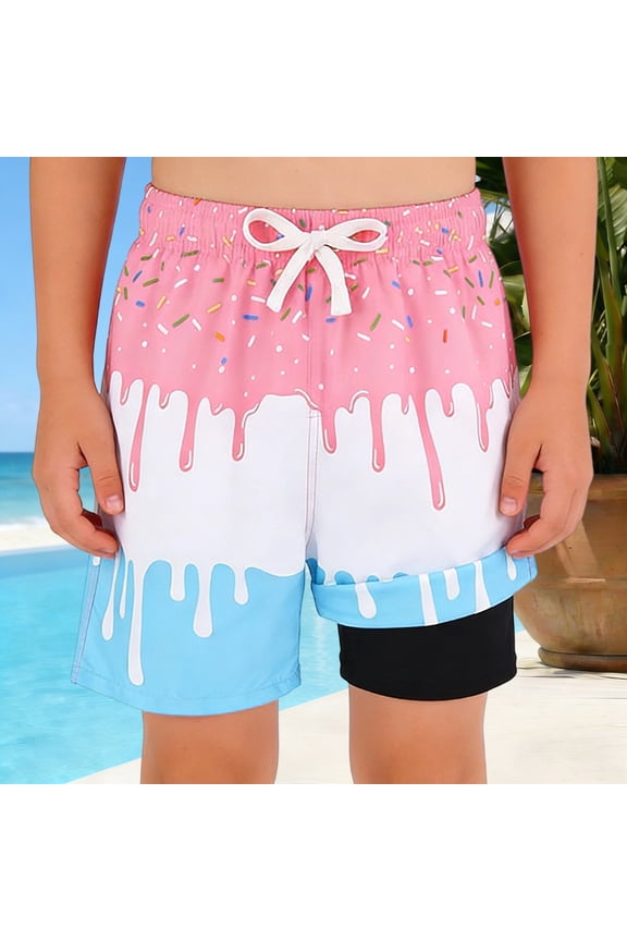 Boys Swim Trunks with Ice Print and Side Pockets Elastic Waist Drawstring Quick Dry Swimming Shorts for Kids 6-7 Years