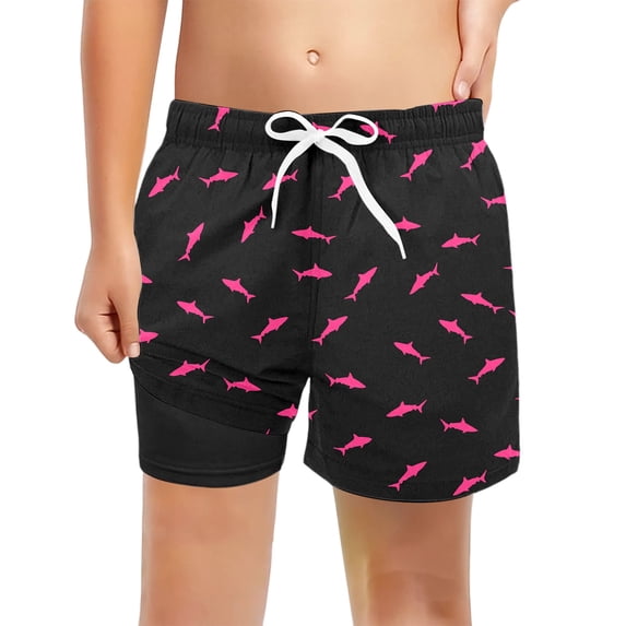 Boys Swim Trunks with Liner Upf Sun Protection Coconut Tree Print Stretch Quick Dry Swim Shorts for Kids Beach Pool Black 5 Years-6 Years