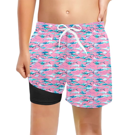 Boys Swim Trunks with Liner Upf Sun Protection Coconut Tree Print Stretch Quick Dry Swim Shorts for Kids Beach Pool Light Pink 9 Years-10 Years