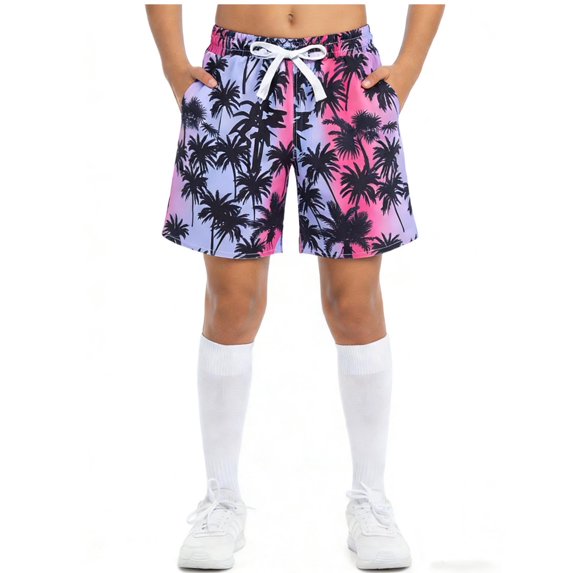 Boys Swim Trunks with Palm Tree Print, Purple Tropical Quick Dry Bathing Suits with Drawstring for Boys 4-13 Years,Size 5-6T