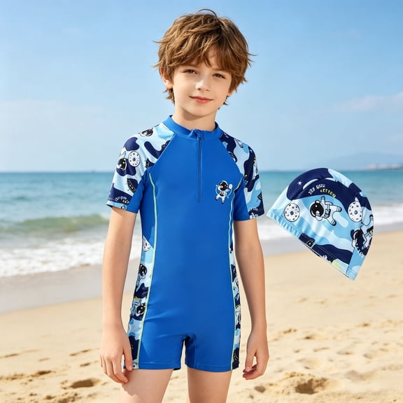 Boys Swimming All-in-one, Colour Block One Piece Swimsuit for Boys Short Sleeve Sun Protection Front Zip Swimming Wear, Summer Quick Dry Swimming for Beach(Blue,8-9 Years)