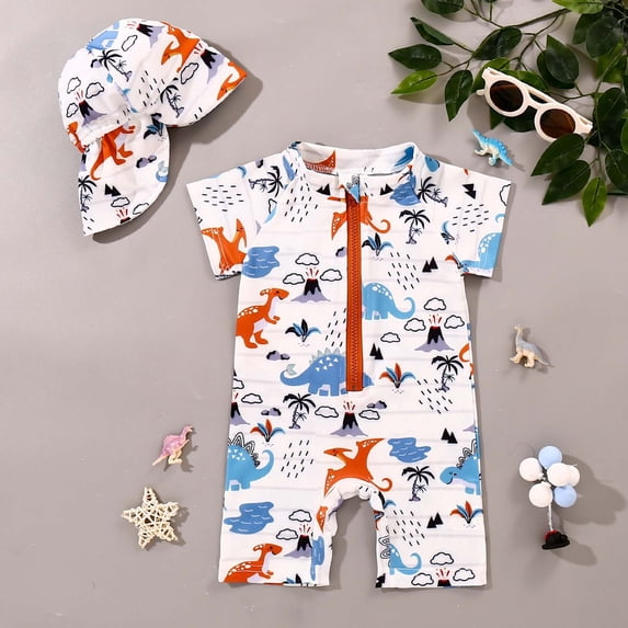 Boys Swimsuit 2 Piece Animal Print Zip Up Crew Neck Short Sleeve Onesie And Cap Hawaiian Vacation Toddler Bathing Suit Boy White 12 Months-18 Months