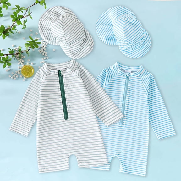 Boys Swimsuit Beachwear Boys Long Sleeve Rash Guard Swimsuit Matching Sun Hat Lightweight Sun Safe Bathing Suit for Kids Seaside Summer Vacation Swimming Trips Blue 12M
