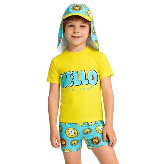 Boys Swimsuit Beachwear Short Sleeve Rash Guard Tops Coconut Letter Print Swim Trunks Cap Three Piece Swimwear Clothes