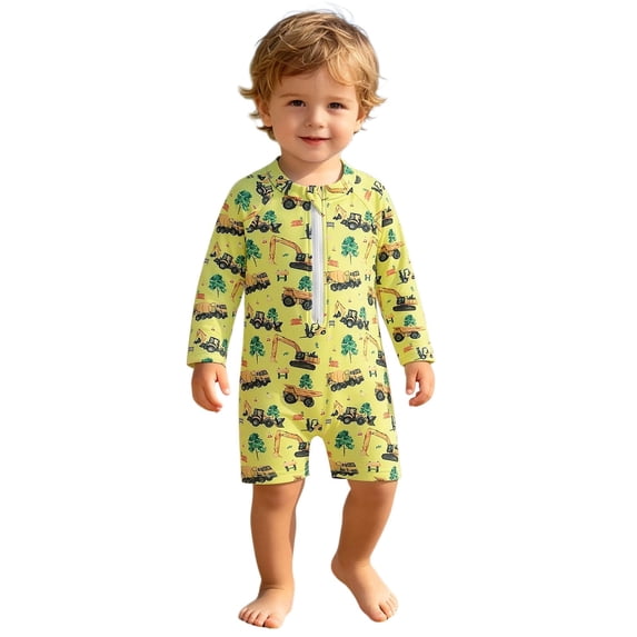 Boys Swimsuit Boys Sun Ready Swimming Trunks Excavator Print Crew Neck Long Sleeve All Over Construction Vehicle Print One Piece Swimsuit Upf 50 Plus Yellow 6 Months-12 Months