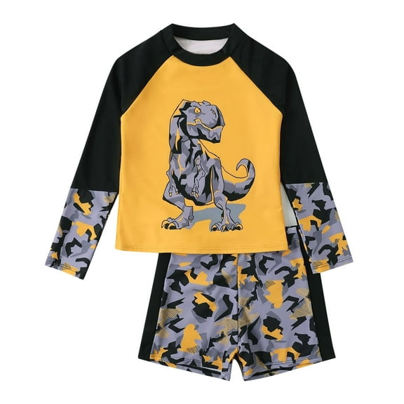 Boys Swimsuit Kids Toddler Boy Dinosaur Print Raglan Swimsuit Long Sleeved Swim Bathing Suit Set Baby Boy Swim Trunks Orange 130